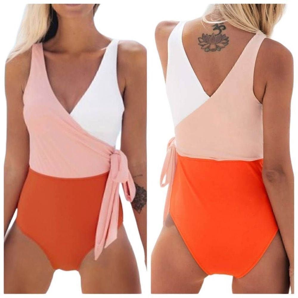 CUPSHE Orange Color Block One Piece Swimsuit Plunging Knotted Monokini Size M